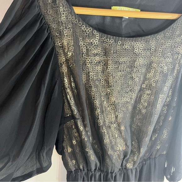 Gianni Bini Party Cocktail Black Mini Dress w Sheer Sleeves Sequined Front Sz S - Picture 3 of 11